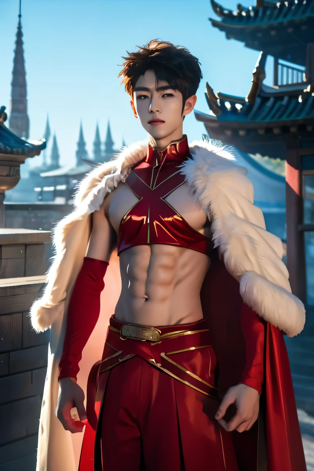 alexanderfgo, 1boy, masterpiece, realistic, absurdres, RAW photo, best quality, high resolution, ulzzang boy, chinese boy, very very handsome, perfect face, cute face, intricate detail, clear and beautiful detailed eyes, fur-trimmed cape, crop top, young, muscular, slim muscular, handsome muscle, abs, detailed skin, male focus, fighting, Correct anatomy, looking at camera, battlefield, detailed highlights and shadows, Cinematic Lighting, soft light, full-body shot, front view, Professional photography, exquisite detailing, 8K UHD,