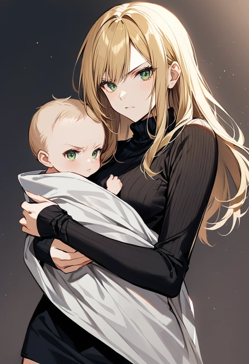 1girl, green eyes, long blonde hair, serious look, black turtleneck dress, black chunky boots, thigh highs, holding a baby wrapped in a blanket, 