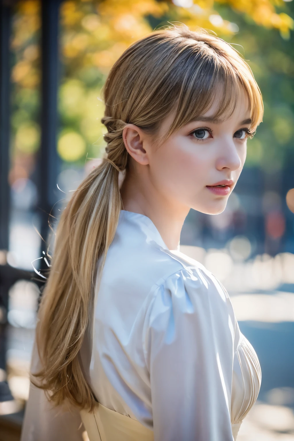 (masterpiece:1.2), (absurd res), (detailed sexy and feminine body),(detailed dress), (best quality) , best quality, ultra high res, (photorealistic:1.4), 1girl, (blonde hair:1.2), looking at viewer, (highly detailed :1.1), (perfect medium breast:1.2), pony tail hair, detailed oily skin, wearing ac oversized t-shirt, black oversized t-shirt, longline shirt, crew neck, short sleeves,, detailed outdoor background, soft natural sun light, 8k