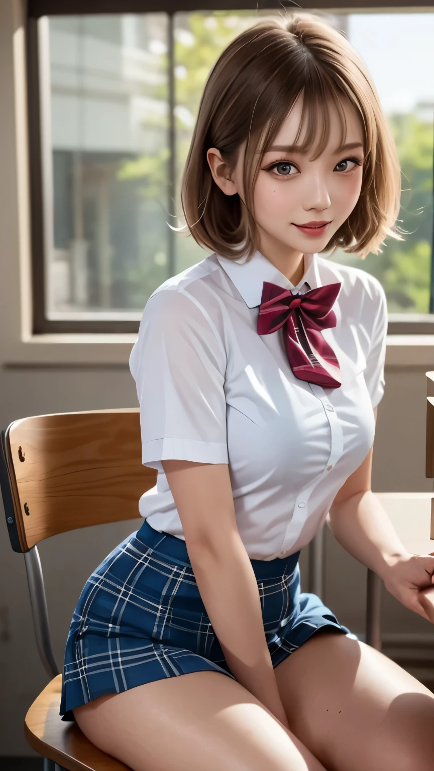 masterpiece, Upper Body, Front View, Young cute Japanese woman, She sits in a chair, cheek to cheek, a big smile on her face., Attractive appearance, Wearing a short-sleeved white collared shirt with a plain shiny red satin bow tie, Blue tartan skirt, Really cute face, Glossy lips, Double eyelids on both eyes, Natural Makeup, Long eyelashes, Shiny, smooth, light brown, medium length hair, Asymmetrical bangs, Sunburned skin, In the classroom, Head Frame, Center image, 8k resolution, high detail, Detailed hairstyle, Detailed face, Spectacular Cinema Lighting, Octane Rendering, Vibrant, Surreal, Perfect body, Perfect Anatomy、Gal、((Spread your legs)),((Show me your panties))