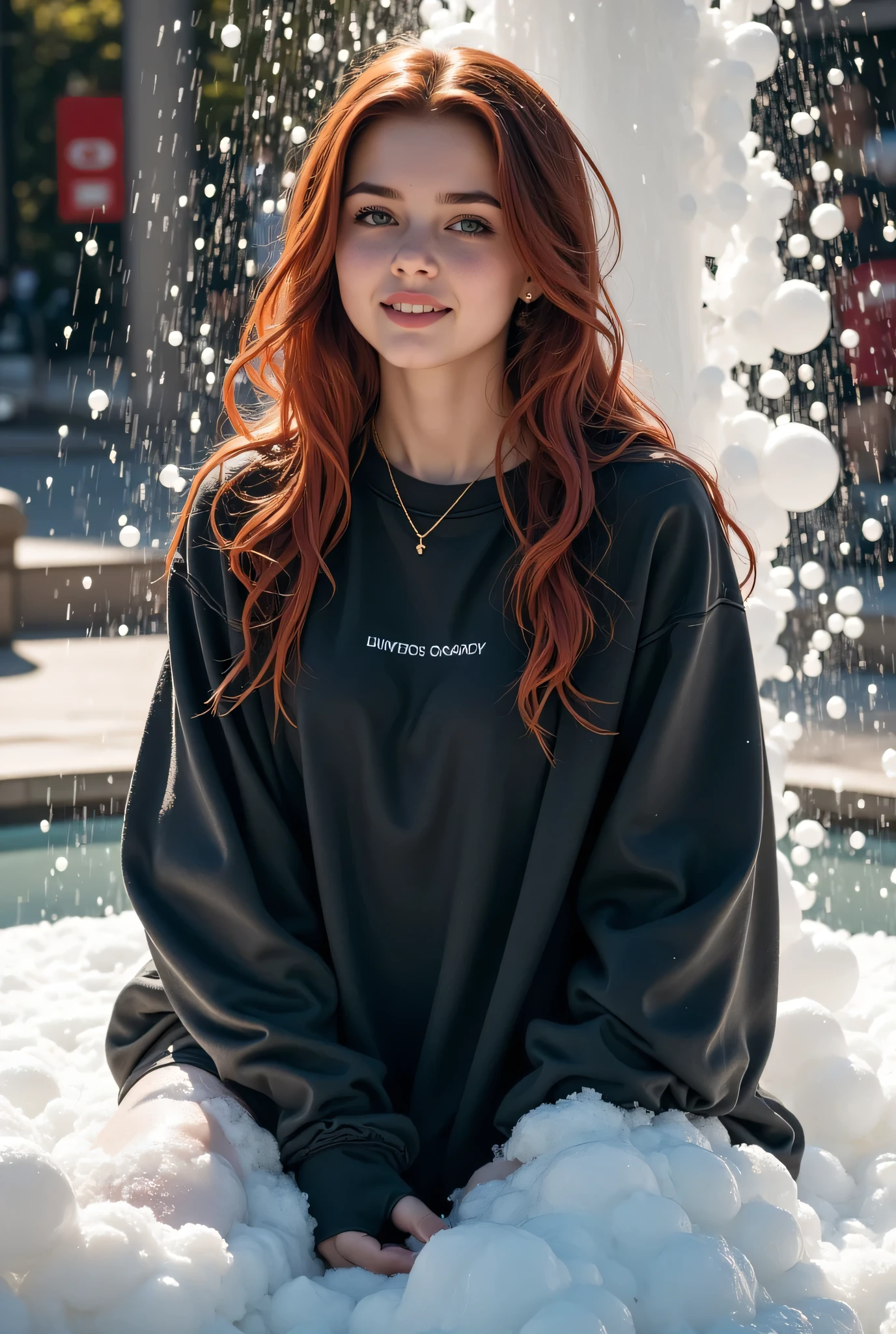 Capture an award-winning, high-quality photograph. A soaked 18 years old girlgirl wearing a black sweatshirts and sweatshirts is relaxing in a public fountain filled with soft, luxurious liquid foam, with her hair also covered in bubbles. She is part of a foam party and is smiling happy and satisfied. Who cares that her clothes are totally wet.


