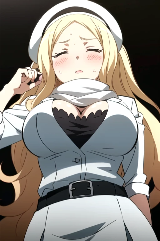 best quality, ultra high res, 1girl, Irina Jelavic, long hair, blonde hair, facing the viewer, looking at the viewer, big breasts, cleavage, (simple black background), dark, white suit, white skirt, belt, (white scarf), (white beret), aroused facial expression, closed eyes, parted lips, blush, sweat, view from below,