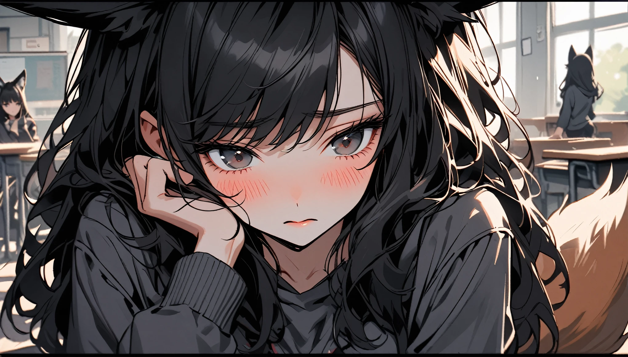 Anime girl with long black hair and black cat ears sitting in a ...