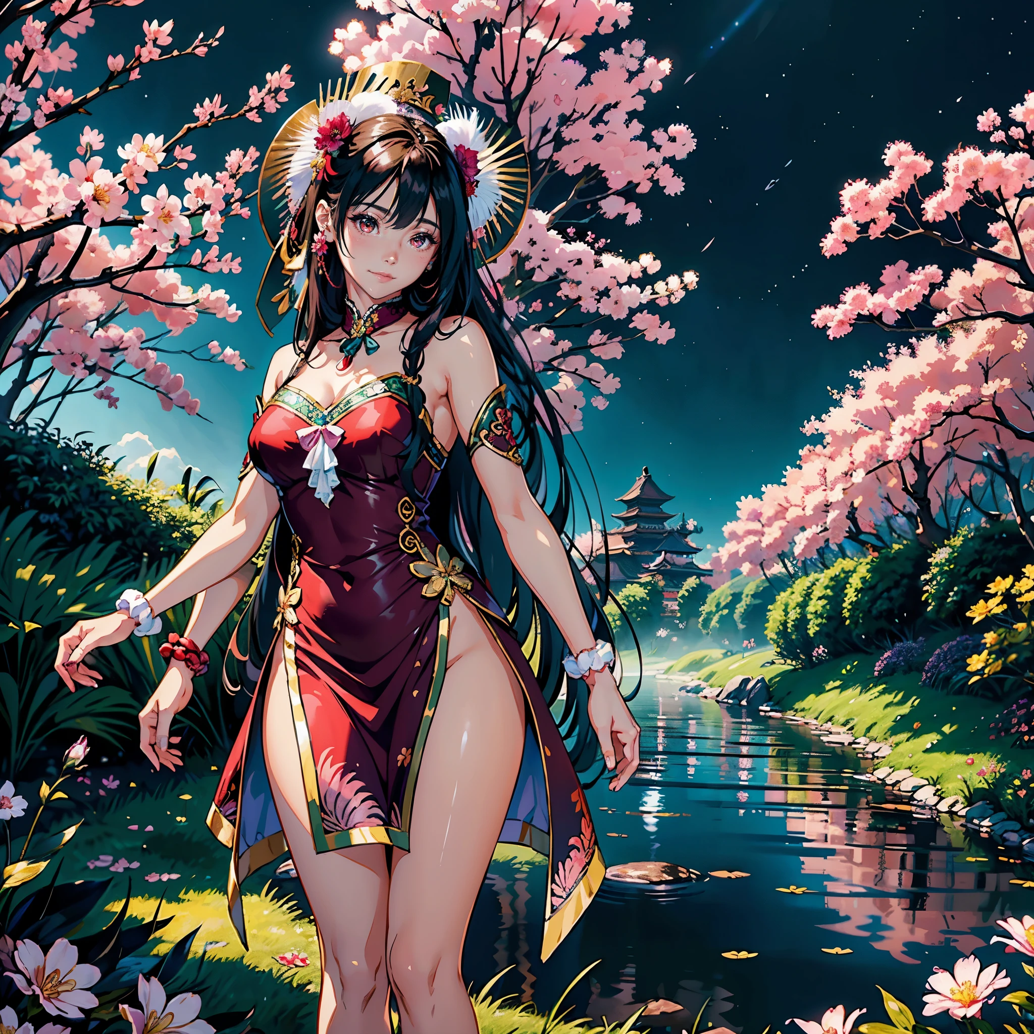 (highest quality, masterpiece, High resolution)、(anime art)、bright light、brown eyes、(Cat ear)、long hair、hair ornaments、choker、Cute face details、enchanting smile、small breasts、whole body、((sakura tropical background))、 pink teal silk Chinese dress outfit, (best quality,4k,8k,highres,masterpiece:1.2),ultra-detailed,(realistic,photorealistic,photo-realistic:1.37),acrylic painting,beautiful Indonesian model in a red silk Chinese pink teal silk dress with downy hair,beautiful Indonesian model with extremely colorful hair and detailed facial features,beautiful Indonesian model standing in a beautiful garden surrounded by a starry sky,beautiful Indonesian model wearing a vibrant ree dress,beautiful Indonesian model with intricate accessories,beautiful Indonesian model posing gracefully,beautiful Indonesian model with long flowing long hair,beautiful bright brown eyes and rosy lips,beautiful Indonesian model with a joyful expression,beautiful Indonesian model in a dynamic pose with sakura blossoms falling around her,beautiful Indonesian model surrounded by colorful flowers and butterflies,beautiful Indonesian model's pink teal silk dress adorned with cute bows and lace details,beautiful Indonesian model with an enchanting smile,beautiful Indonesian model with soft, pastel-colored shading,beautiful Indonesian model with a magical glow illuminating her,beautiful Indonesian model in a picturesque setting with a winding path leading to a magnificent castle,beautiful Indonesian model with a fairytale-like background,beautiful Indonesian model with a soft, dreamy atmosphere,beautiful Indonesian model with a subtle bokeh effect,beautiful Indonesian model standing under a moonlit sky,beautiful Indonesian model with a warm, golden sunset in the background,beautiful Indonesian model surrounded by twinkling stars and colorful nebulae,creating an ethereal and captivating artistic, cat ears, smiling