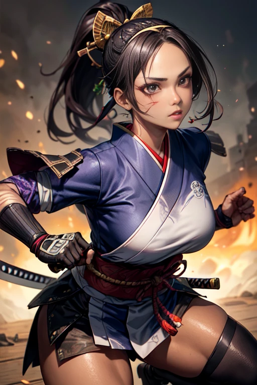 One girl, samurai,Japanese sword,anime,Anatomically correct, A series of character actions, ninja,ponytail, masterpiece, Textured skin, Action Painting, Heavy makeup, Brown Skin,Perfect Face,Perfect Eyes,Hairbands