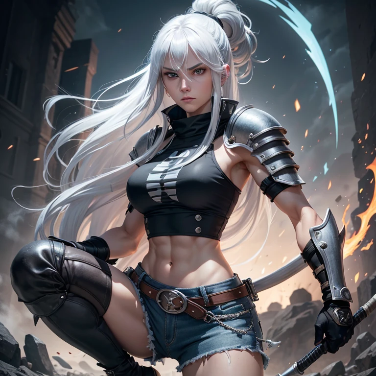 Woman with long white hair, grayish blue eyes, fringe, slightly muscular, wearing jean shorts, bota Black, t-shirt, jaqueta Black sem mangas, gloves on hands,  with a long sickle in his hand, alta resolución, light armor, Black