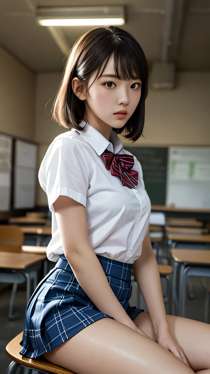 masterpiece, Upper Body, Front View, Young cute Japanese woman, Attractive figure sitting on a chair, Wearing a short-sleeved white collared shirt with a plain shiny red satin bow tie, Blue tartan skirt, Really cute face, Glossy lips, Shiny, smooth, light brown, medium length hair, Asymmetrical bangs, Sunburned skin, In the classroom, pubic, Center image, 8k resolution, high detail, Detailed hairstyle, Detailed face, Spectacular Cinema Lighting, Octane Rendering, Vibrant, Surreal, Perfect body, Perfect Anatomy、((Spread your legs)),((Show me your panties))