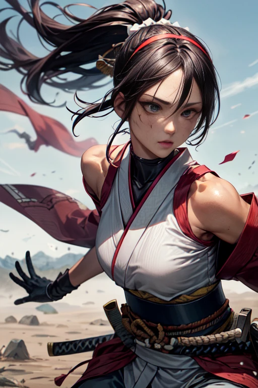 One girl, samurai,Japanese sword,anime,Anatomically correct, A series of character actions, ninja,ponytail, masterpiece, Textured skin, Action Painting, Heavy makeup, Brown Skin,Perfect Face,Perfect Eyes,Hairbands