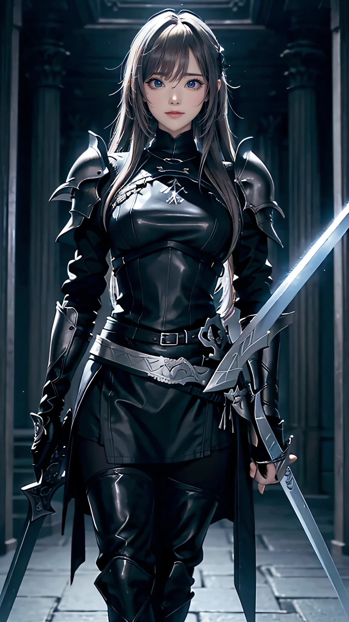 A close up of a woman in a black outfit holding a sword - SeaArt AI
