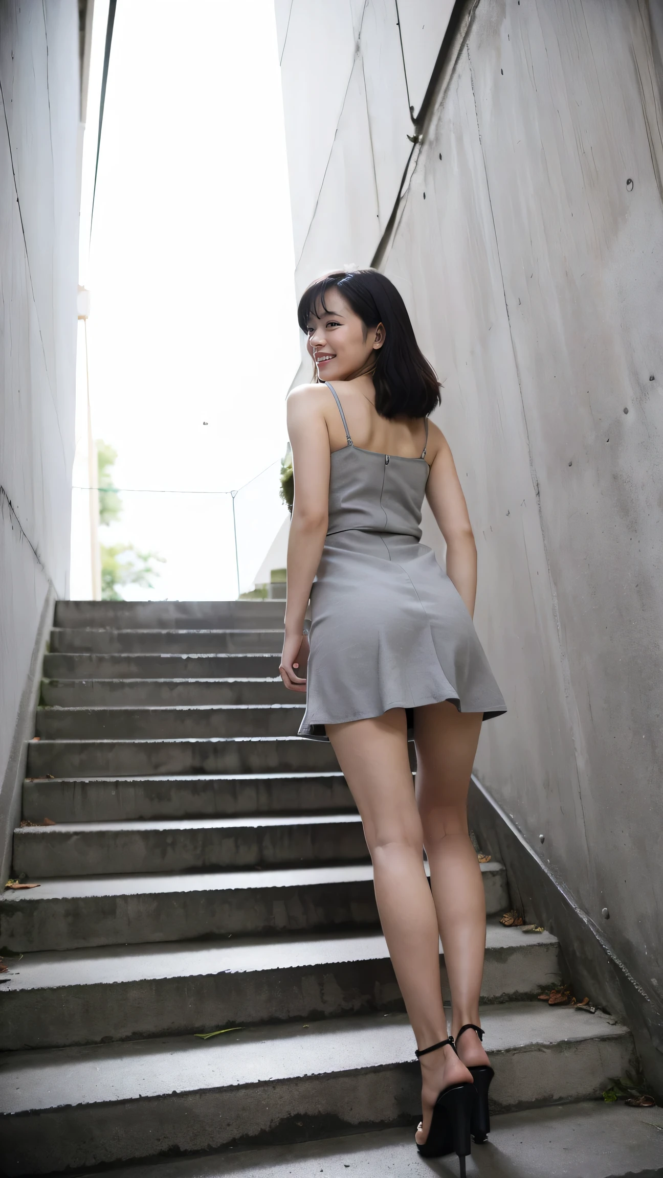 Best Quality、8k、masterpiece、Realistic, Sharp focus, High resolution, High resolution, One Girl, Alone, Japanese, Beautiful woman,((Climbing concrete stairs)),Rear view、mini skirt dress、High heels、Attractive body,Photograph the whole body,look back、smile,Angle from below