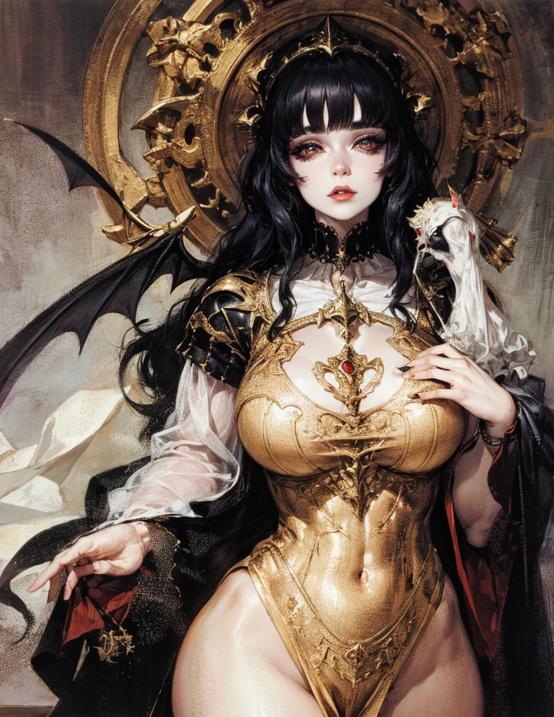 (best lighting) (best quality, masterpiece:1.2), (absurdres), 4k, (detailed eyes), (detailed face), ethereal demonic woman wearing medieval armour and bodysuit with short black hair, blunt cut bangs and ((pale white skin)). Large bat wings. Curvy. She's standing in front of an old gothic castle illuminated by a large moon over head, ((black armour)), dark, moody, ((gothic)), ((dark fantasy)), medieval