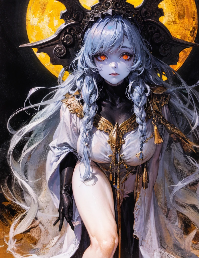 (best lighting) (best quality, masterpiece:1.2), (absurdres), 4k, (detailed eyes), (detailed face), ethereal , demonic woman with ((pale blue skin)) and ((glowing orange eyes)) wearing medieval armour and bodysuit. She has long white hair and is standing in front of a towering gothic castle, illuminated by a large moon over head, curvy, white wings and long horns, dark, moody, ((gothic)), ((dark fantasy)), medieval