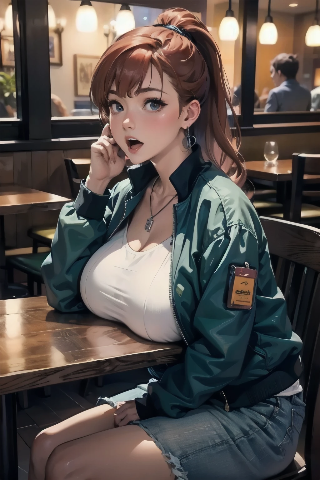 In restaurant, table, restaurant, high resolution, 8k, masterpiece, best quality, 1girl, curl auburn hair, ponytail, mature female, cute shirt, jacket, earrings, necklace, large breasts, huge breasts, breasts on table, breast rest, elbows on table, elbow rest, chin rest, open mouth, 