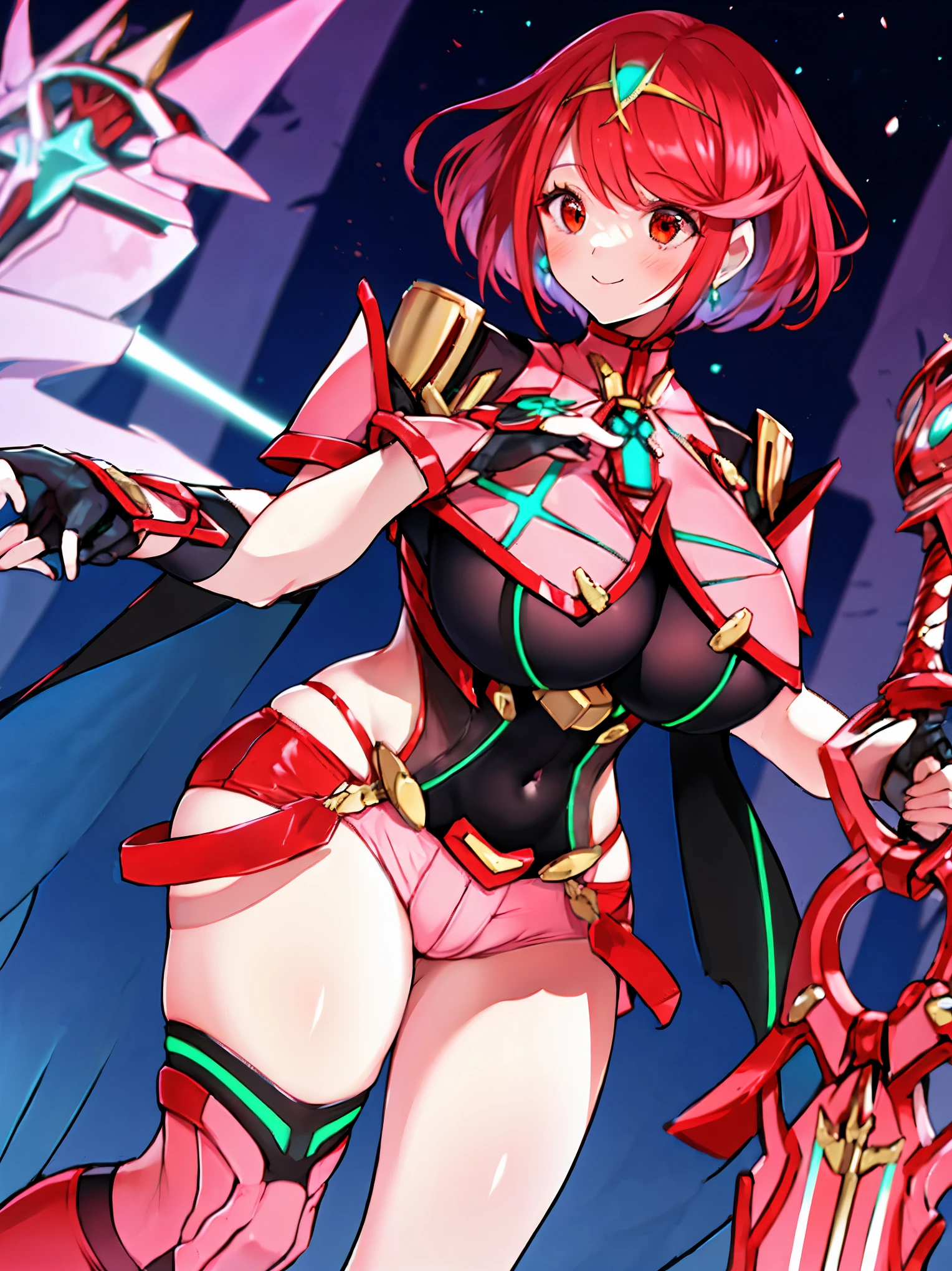 pyra \(xenoblade\), ****_1girl, **li, armor, bangs, black gloves, breasts, red eyes, light_open_mouth, earrings, eyelashes, fingerless gloves, floating hair, framed breasts, gem, gloves, hair ornament, headpiece, jewelry, big_breasts, leaning back, leotard, neon trim, official art, pose, red hair, red shorts, saitou masatsugu, short hair, short shorts, short sleeves, shorts, sidelocks, skin tight, solo, standing, swept bangs, thighhighs, tiara, night_prairie_background, turtleneck, underbust, vambraces, xenoblade chronicles \(series\), (xenoblade chronicles 2), (spread_legs:1.1), fire_effect,dynamic_pose,fighting,light_smile, (plump:1.4), big_ass,huge_sword, hold_large_sword_hilt, scovered_nipples, (covered_pussy:1.2),cameltoe,back_view, fists,ponytail,plump,beautiful_fingers,(solo:1.1),