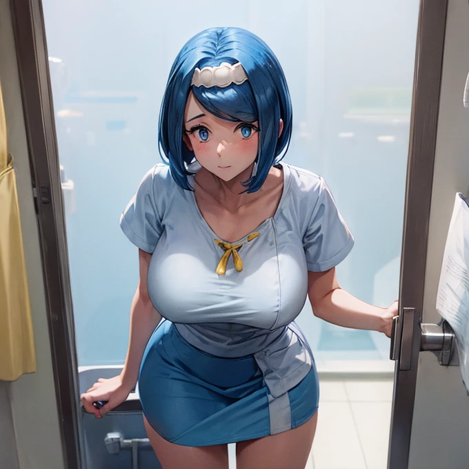 (((Penis sticking out from skirt)))　Nurse uniform　Blue Hair　Women with growing penises　Large Breasts　