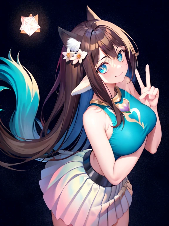 beautiful girl, with long black hair, she has Heterochromima eyes (blue/yellow), with a sweet smile, a very happy appearance, a black dress, with black and gold angel wings and a cat ear tiara, 8k
