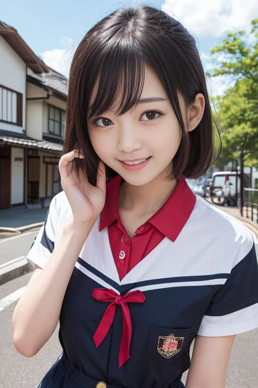 ((8K quality、professional、highest quality、masterpiece:1.olo、Real、Photorealistic、Portrait、(Upper body close-up)、Slender Abs:1.2、Very cute 12-yeentary school student、((Flat Chest:1.4、AA cup、Skinny Beautiful Girl:1.4))、((Loose fitting T-shirt、Plain and large long T-shirt:1.4))、School:1.4、Pum Blonde Hair、Silky straight hair、Beautiful Bangs、Delicate and cute 12-year-old beautifulfit、Skinny body、Sub-surface Scattering、Highly detailed face skin texture、Beautiful detailed eyes、 Attractive big eyes、Beautiful detailed nose、The best beauty、Shooting from above、Down blouse、Perfect hands、Smile、Looking at the camera