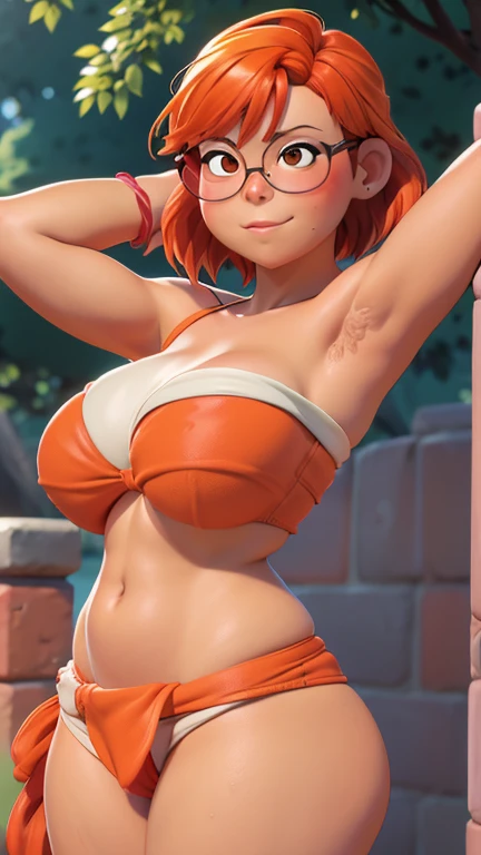 in direct sunlight, at the park, orange messy hair, round glasses, ((sideboob, fundoshi, strapless)), armpits, thick thighs, wide hips, ((correct human anatomy))