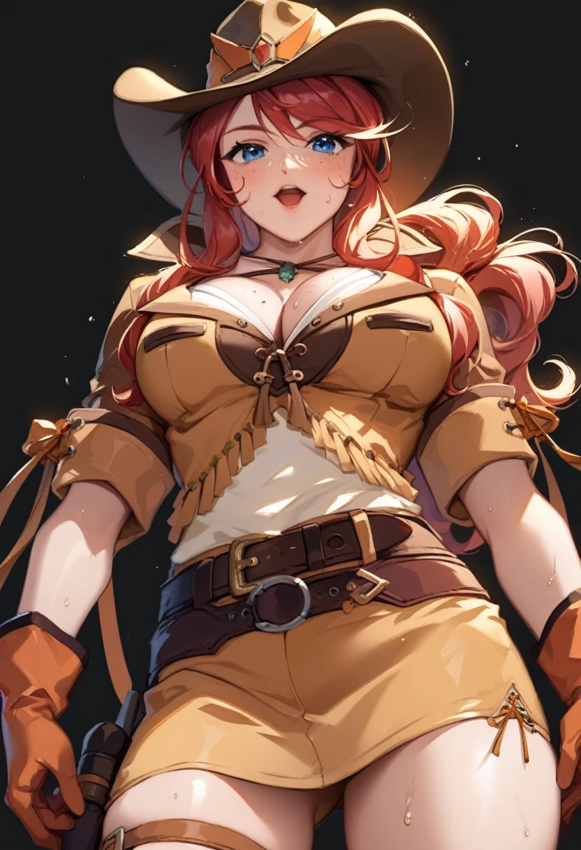 score_9, score_8_up, score_7_up, very aesthetic, source_anime, detailed, high quality, beautiful, masterpiece, detailed eyes,
(Simple black background), dark, view from below,
cowboy shot, upper body, aroused facial expression, mouth open, blush, sweat,
gemini sunrise, red hair, long hair, blue eyes, freckles, sidelocks, big breasts, cleavage,
belt, thigh strap, cowboy hat, cowboy boots, fringe trim, gloves, miniskirt, (gaiter scarf), zPDXL