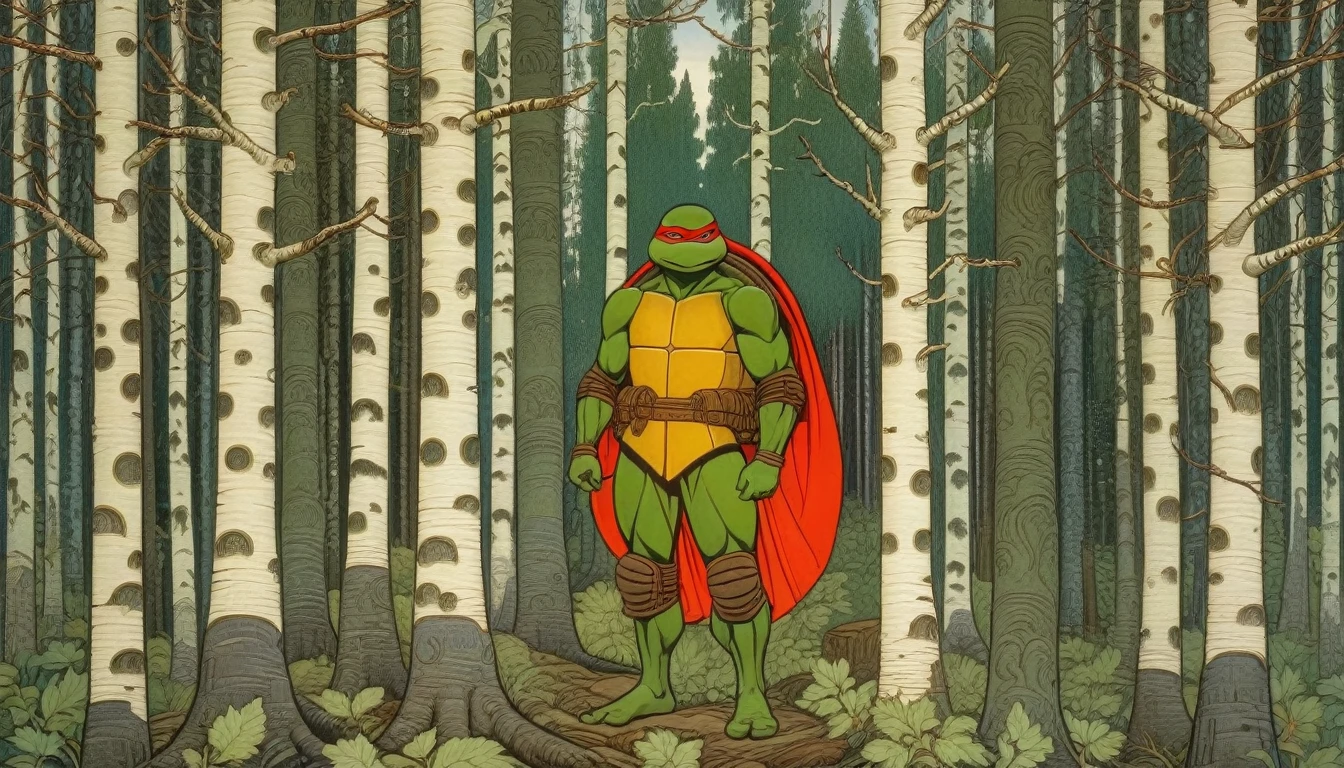 Raphael from TMNT, 1 Raphael, TMNT, Russian Russian Raphael stands in the forest, surrounded by birch trees, Russian forest, (the style of the artist Ivan Bilibin, Russian style)