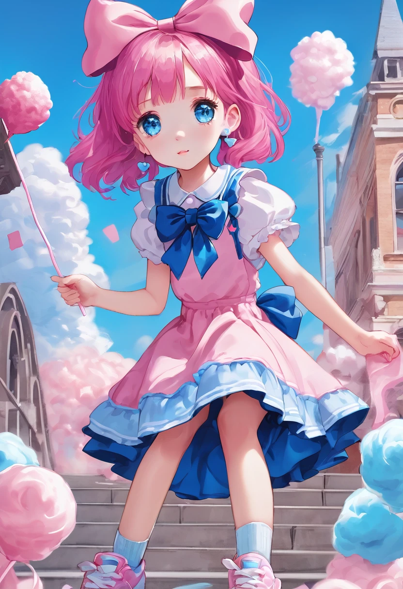 1girl, long hair, pink hair, blue eyes, fluffy earrings, short blue dress, pink back hair bow, blue socks, pink sneakers, holding cotton candy, no sleeves, bandaid on knee