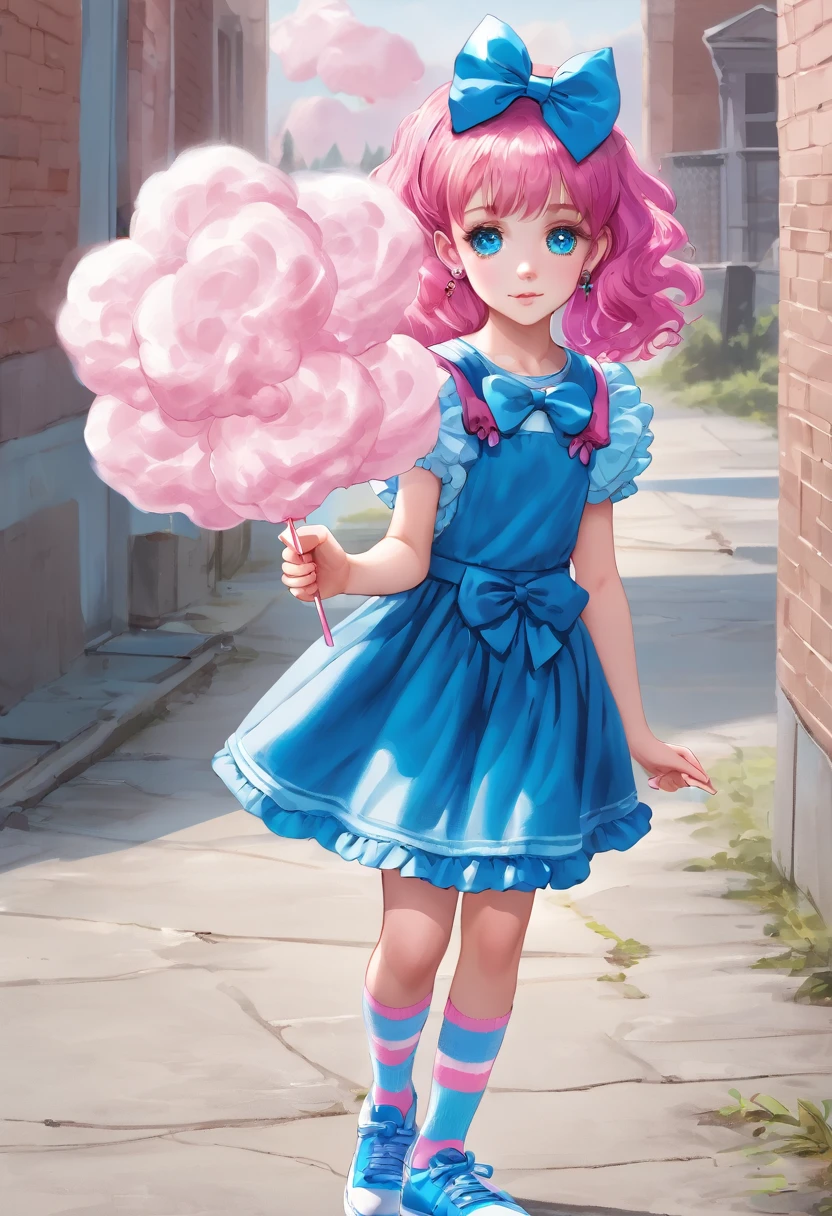 1girl, long hair, pink hair, blue eyes, fluffy earrings, short blue dress, pink back hair bow, blue socks, pink sneakers, holding cotton candy, no sleeves, bandaid on knee