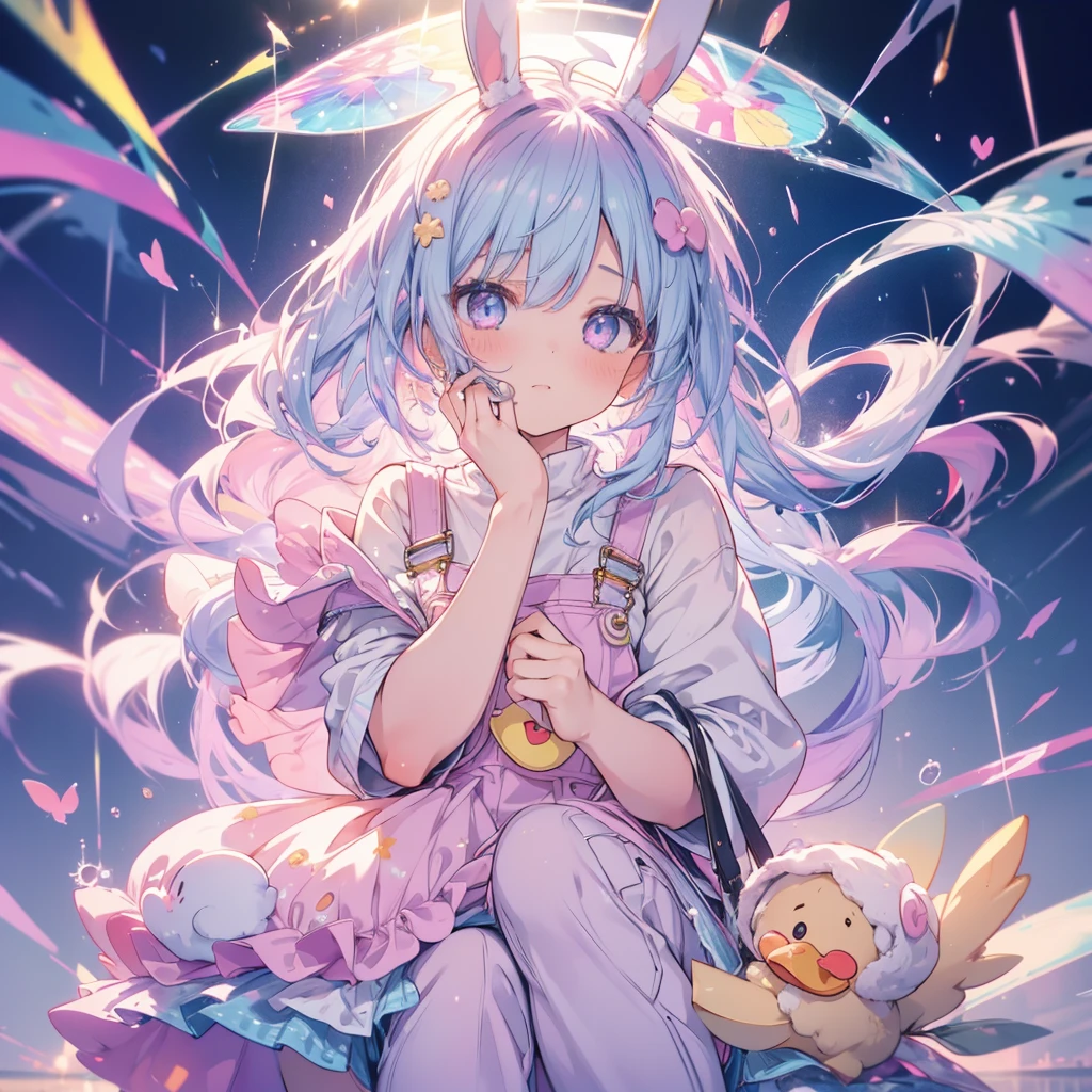 1 girl in, light purple and pastel pink hair, two color hair, Rabbit ears, Fluffy clothes, Cute eyes, pastels, Light purple overall, World of Dreams, full bodyesbian, Duck sitting, ((About 5 years old)), Masterpiece, top-quality, An ultra-high picture quality