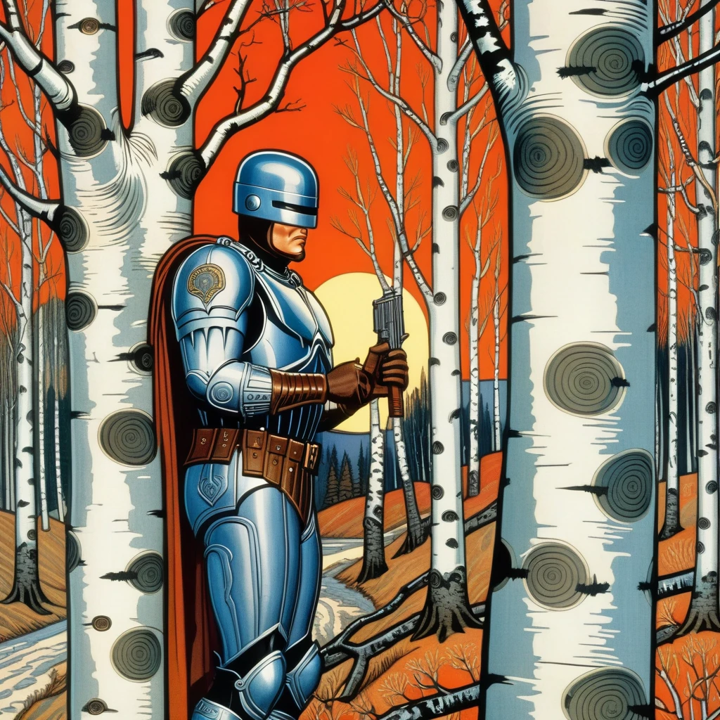 Robocop stаds (with his hаd on a birch tree:1.2), а (old Russiа village:1.3) фон, romаtic lаdscape , осень, Ivа Bilibin Style page,