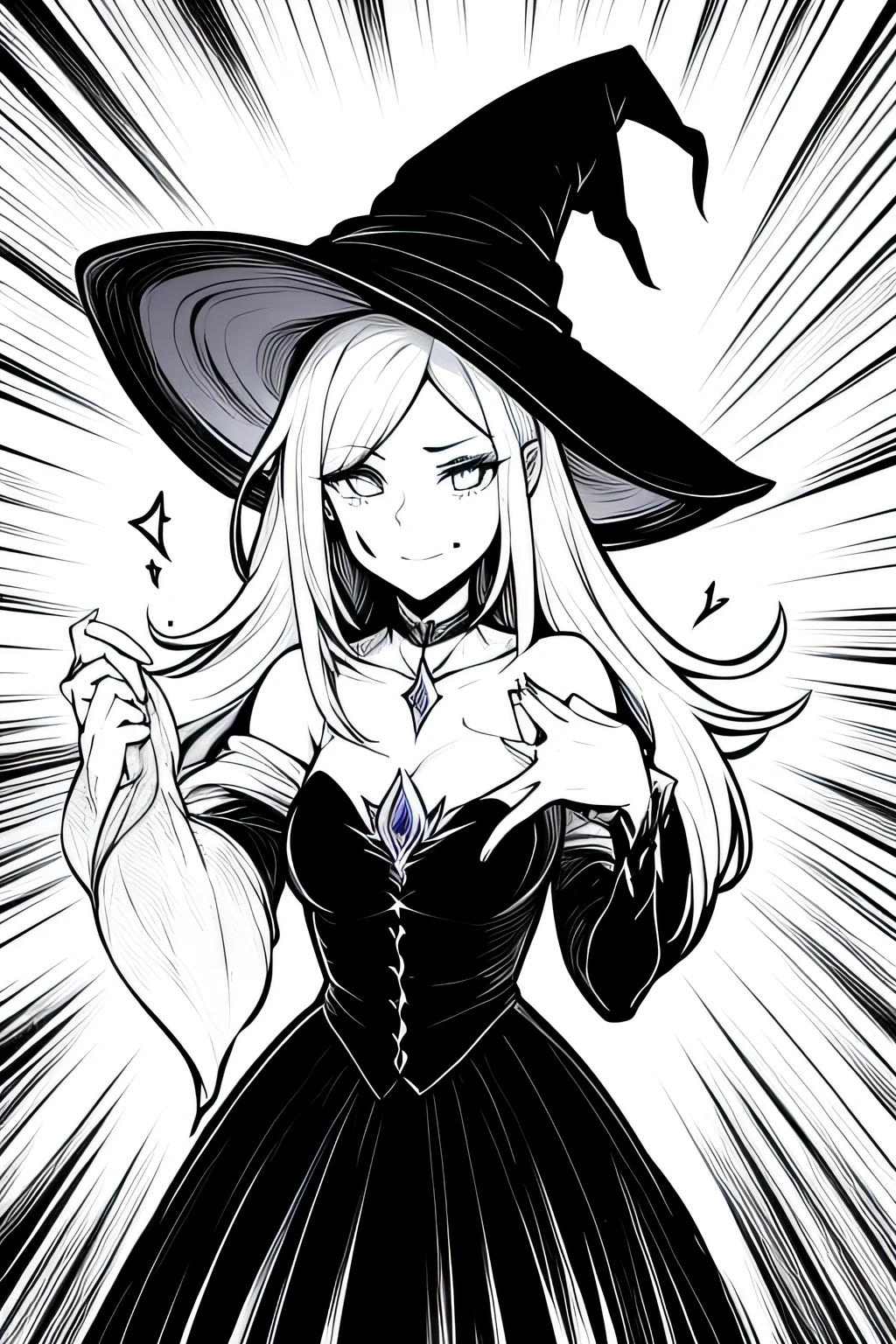 ((master part,best quality)), absurdos, HMDMG1, wizard hat, corar, adesivos de corar, clivagem, bareshoulders, vestir, fora do ombro, sozinho, sorridente, Olhando para o Viewer, cowboy shot, cinematic composition, dynamic pose, hentai, porn, sex
