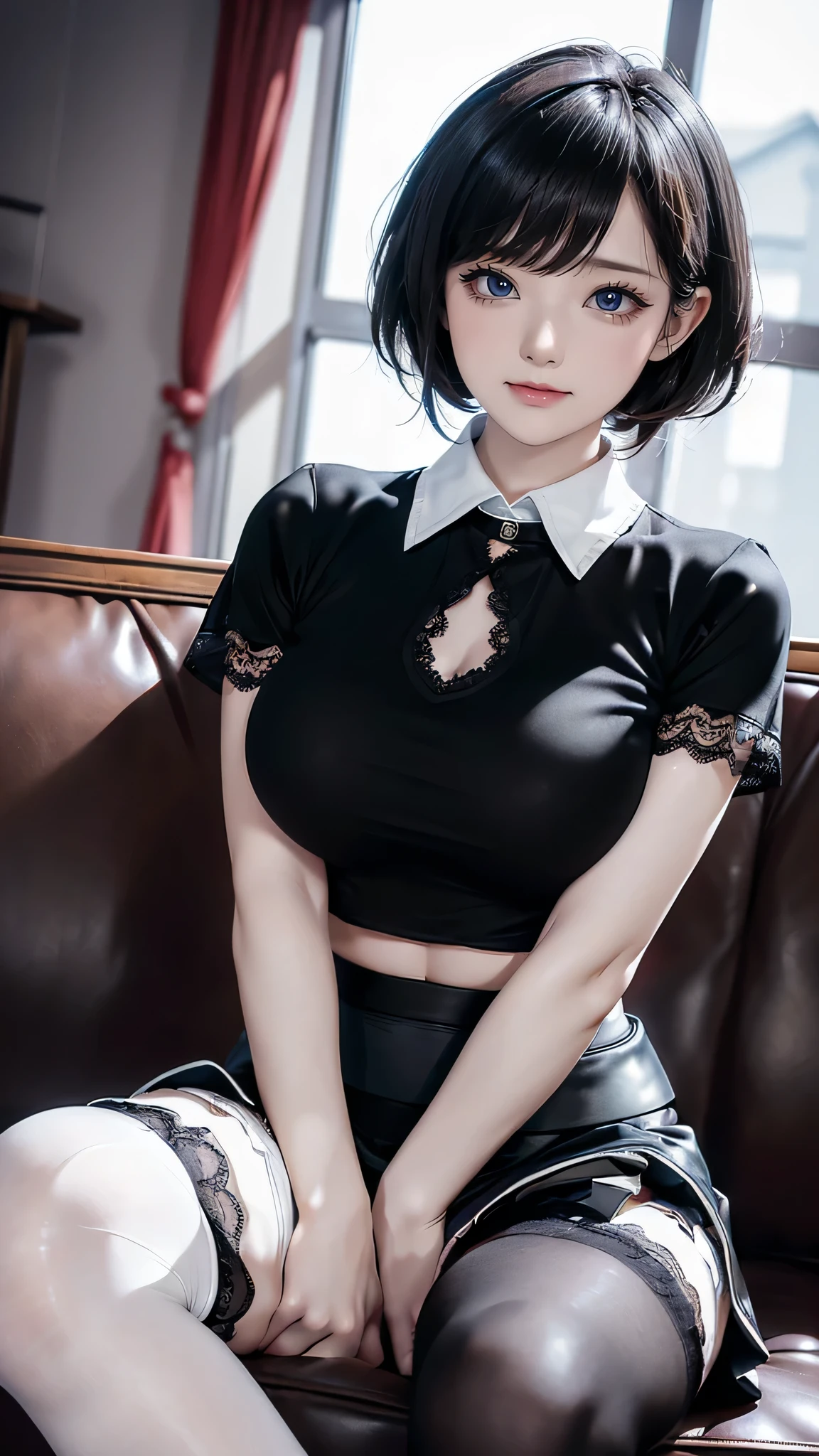 masterpiece, hinata\(boruto\), 1girl, mature female, (((tight shirt and pleated mini skirt))), (off-shoulder shirt), bare shoulders, (panties), (japanese home background), indoors, open the door, (shy face), detailed lips, japanese room, beautiful face, blush, (pink lips), ((short hair)), purple eyes, soft gaze, smile, super realistic, detailed, realistic face and body, realistic hair, realistic eyes, realistic nose, realistic lips, seductive, straight bangs, ((slave collar)), (((dark blue hair))), 28 years old girl, (huge breast:1.5), perfect boobs, (plump boobs), ((stockings)), ((long legs)) --s2