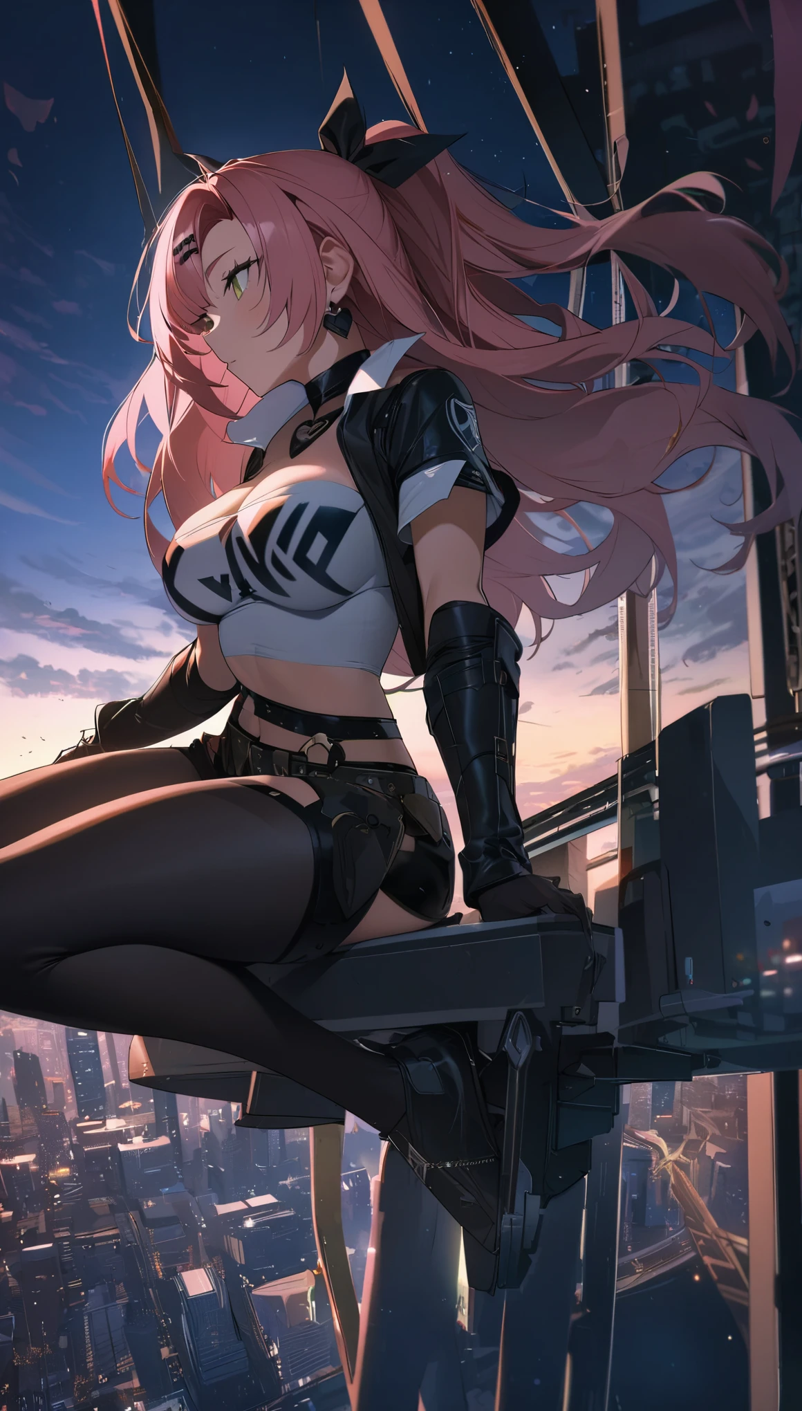 best quality, super fine, 16k, incredibly absurdres, extremely detailed, girl sitting on trapeze suspended between two skyscrapers, gazing into the distance, captivating look, wind, wind-effect, moonlit night view, (magnificent view:1.1) , heavymetal,nicole_demara