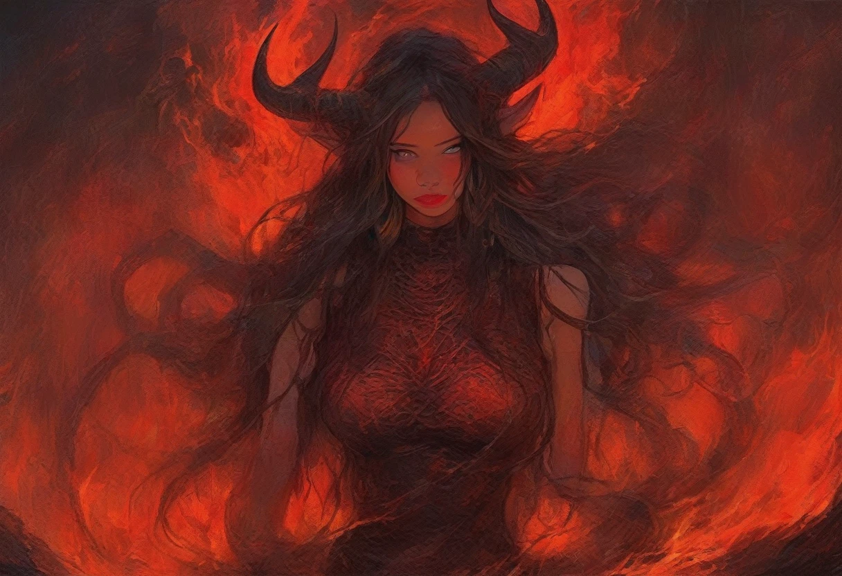 A captivating render of a seductive lava demon naked in the style of dark fantasy. Devil horns. The demon, with a voluptuous, slim, and busty figure, emerges from the depths of the infernal realm, her skin glowing a fiery red. Her attractive features and perfect body exude a dangerous allure, drawing the viewer in. The background showcases a desolate and haunting landscape with lava and rock formations, providing an eerie contrast to the demon's beauty. The overall atmosphere is a blend of dark fantasy and seductive allure., illustration, anime, 3d render, dark fantasy. Bioluminescent.