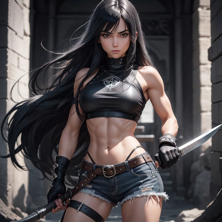 (Characters) Nico Robin (One piece) cosplay as June (Avatar), June's black costume, June's long black hair, Nico Robin bangs, Accessories (Tattoos), Weapons (Arrows), Arrow shooting pose, (Location) Pandora Mountains, Background effects