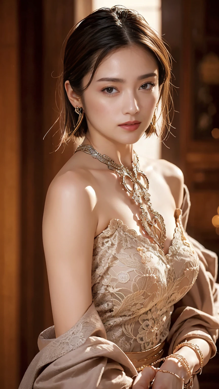 High resolution、masterpiece、Textured Skin、High image quality、超High resolution、Very detailed、woman、Look at, low length、Large Breasts、Anatomically correct, Short Hair、Look at, solo, Medieval courtesans、sexy、Covered in lace、