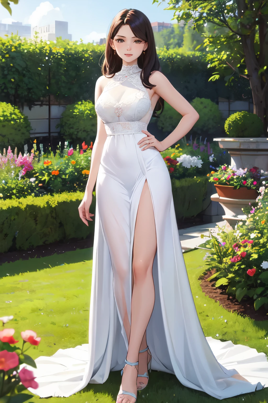 1girl, beautiful face, long hair, huge breasts, bright hair color, detailed eyes, beautiful eyes, perfect noise, perfect eyes, detailed skin, masterpiece, best quality, 32K, sharp focus, dynamic angle, full body, from side, hair ornament, jewelry, necklace, earrings, blond hair, lips, a girl standing beside misty lake, lake, tree, flower, petals, falling petals, shoes, GGX, hair bun, curly hair, braid, long dress, white dress, short sleeves, white veil, elbow gloves, white gloves, blond hair,