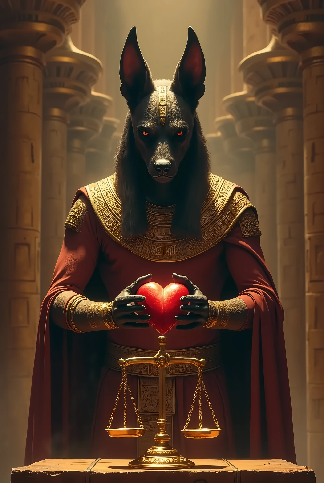 Anubis holding a heart in one hand and a feather in the other in a courtroom