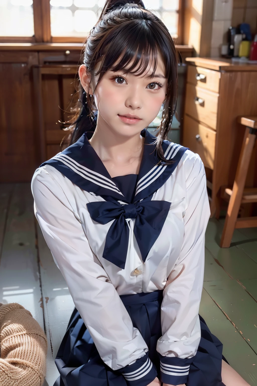Arafed asian woman in a sailor outfit sitting on a floor - SeaArt AI