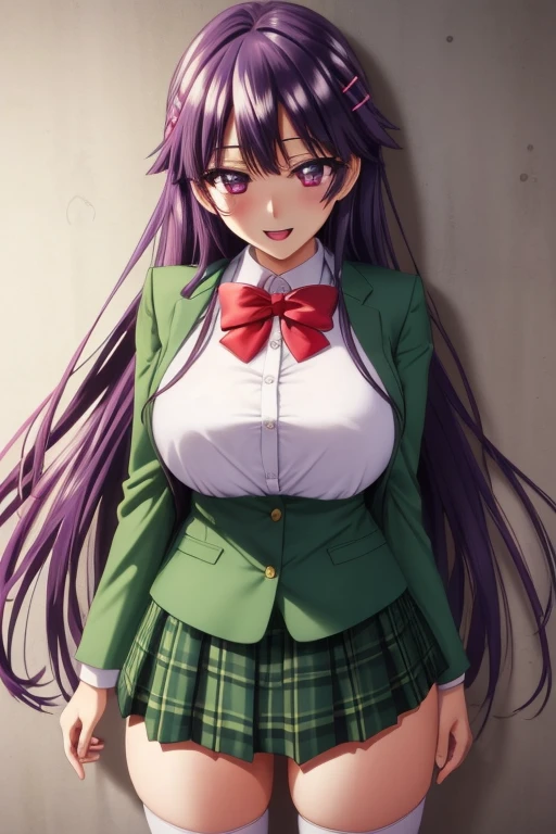 ((Best quality)), ((masterpiece)), ((perfect composition)):1.5, ((perfect anatomy)):1.5, illustration, high-res, prefect lighting, dynamic angle, (((clean and clean))), absurdres, (((clean and clean))), uncreditable absurdres, 1girl, sole, standing, chizuruchankaihatsunikki, matured, sexy, spread pussy, orgasm, full body, purple hair, long hair, hairclip, purple eyes, , green pleated skirt, red choker, no panties, see-through:1.1, ((zettai ryouiki)), pussy, huge breasts, playing, femdom, open mouth, happy, smile, enchanting expressionless, happiness, confident, enjoying, (detailed face description), (detailed eyes description), lying, seductive, advanced cg, amazing quality, octane rendering.