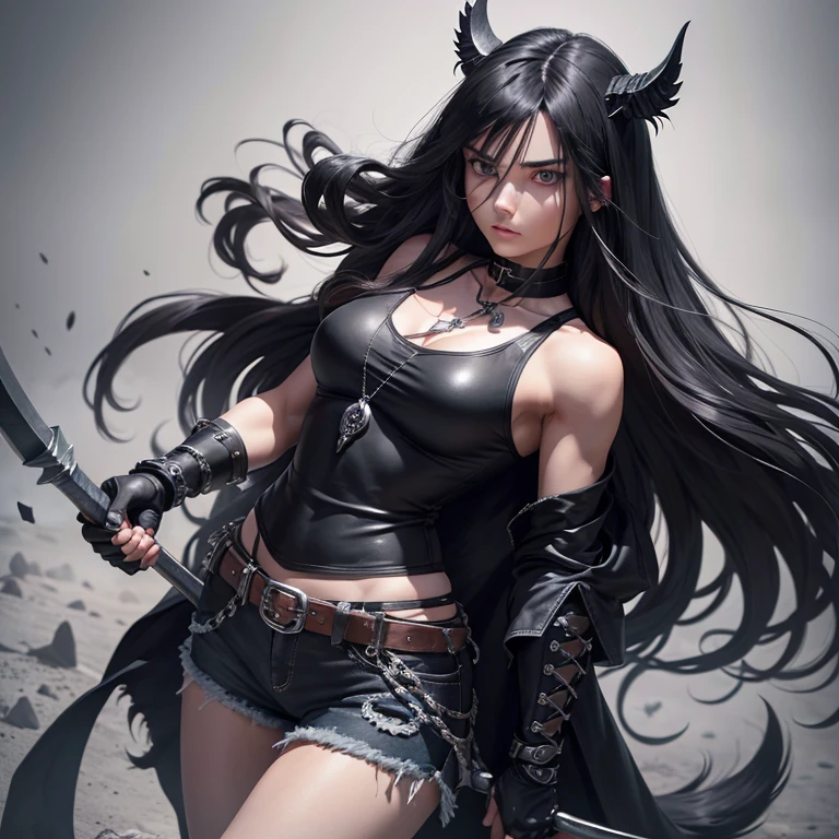 Long haired woman, black and white, grayish blue eyes, fringe, slightly muscular, wearing black denim shorts, bota Black, t-shirt, jaqueta Black sem mangas, gloves on hands,  with a long sickle in his hand, alta resolución, Armor, Black, a hellhound behind her necklace of bones with a blue stone around her neck