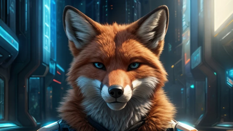 Determined facial expression, Progressive fox looks to us, in Background are a futuristic City, fox face in front, Looks to us, eyes are in Focus, realistic, 4k, Ultra realistic, Headshot with neck and ears