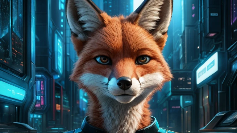 Determined facial expression, Progressive fox looks to us, in Background are a futuristic City, fox face in front, Looks to us, eyes are in Focus, realistic, 4k, Ultra realistic, Headshot with neck and ears