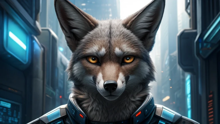 Determined facial expression, Progressive greyfox looks to us, in Background are a futuristic City, greyfox face in front, Looks to us, eyes are in Focus, realistic, 4k, Ultra realistic, Headshot with neck and ears