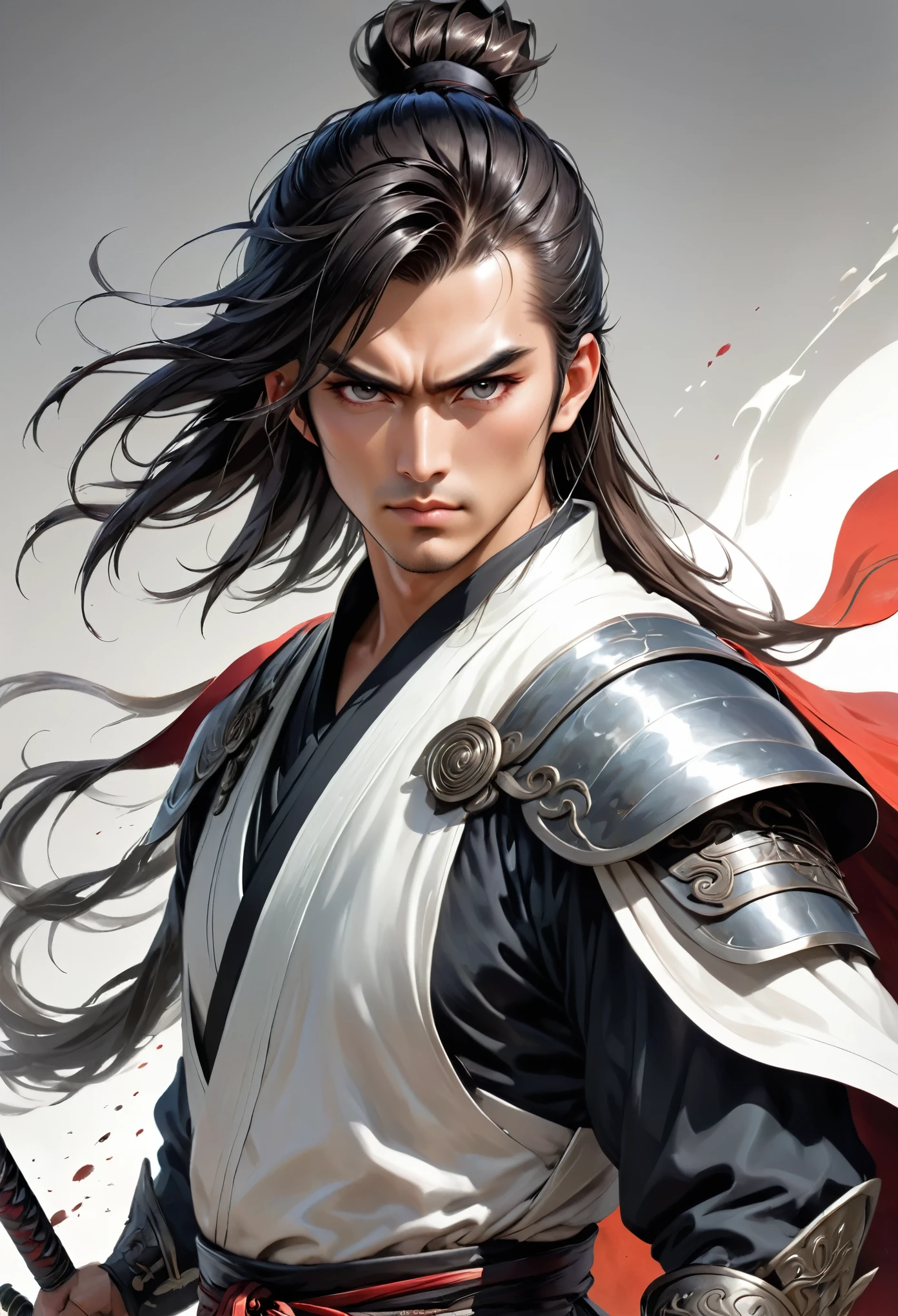 Keywords: Majestic, two natural eyes, flowing robes with light armor, spear, broad shoulders, black and white attire, ruggedly handsome face, long hair with a pronounced side-swept bang, masculine ponytail, intense gaze, battle-ready stance
Style: Anime-style with American thick-paint techniques, emphasizing strong masculine features. The side-swept bang is prominently styled to frame one side of his face, adding a distinct and dynamic element to his look.
Chinese Touch: Traditional Chinese warrior aesthetics with black and white robes over light armor, a crimson cape, and subtle detailing that complements his noble stance. The minimal armor enhances his free movement, while the pronounced side-swept bang adds a unique and heroic appeal. The white background highlights his authoritative presence and emphasizes the bold styling of his hair.