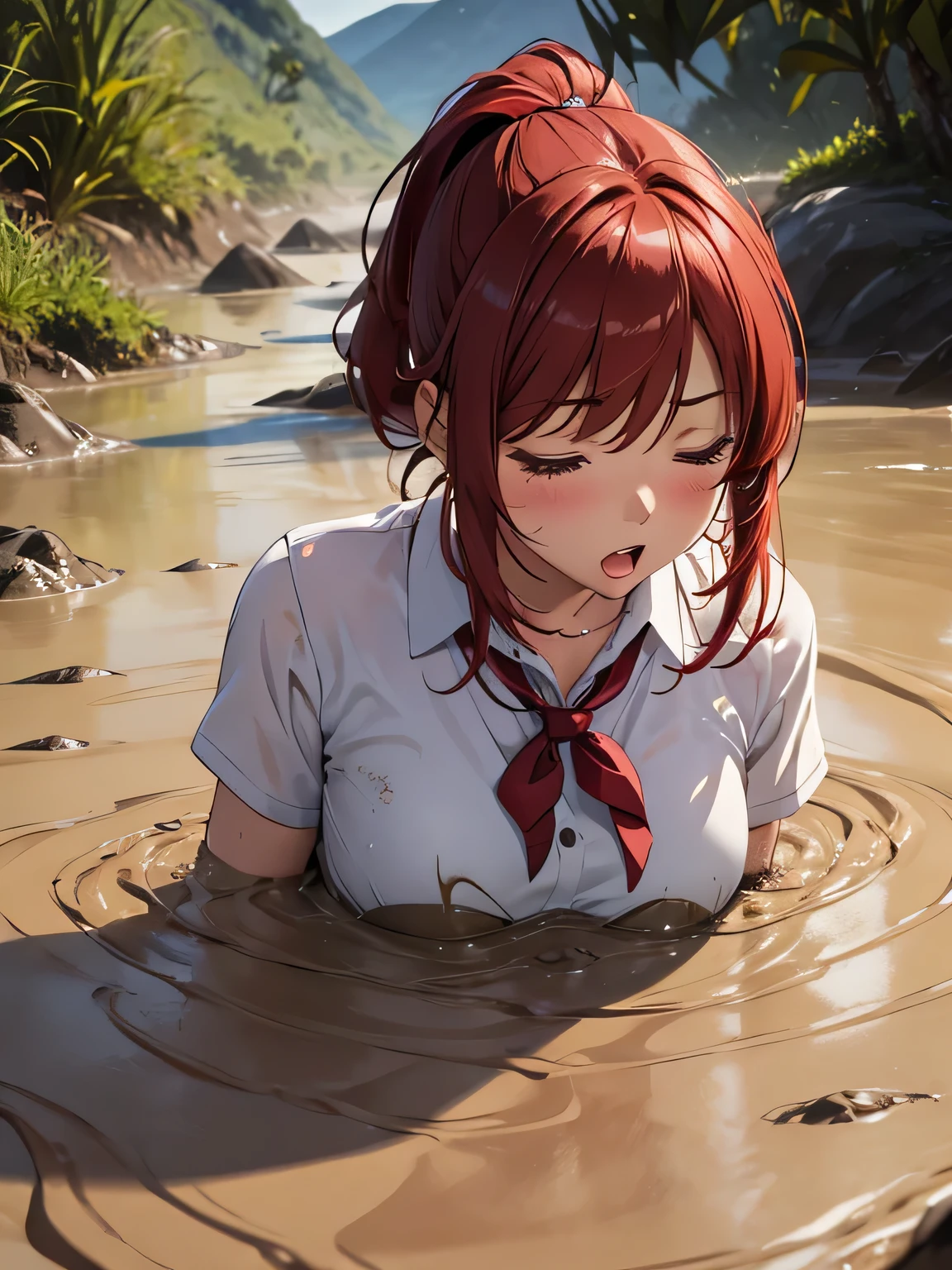 1girl, solo, masterpiece, best quality, high res, highly detailed, (illustration), eyes closed, yuigahama yui, red hair ponytail, glossy lips, light makeup, orgasm, open mouth, intimate moment, school shirt, shoulders, (quicksand:1.4), (from side:0), bog, swampy, arched back, (headback:0.7), dirty, muddy, soiled,