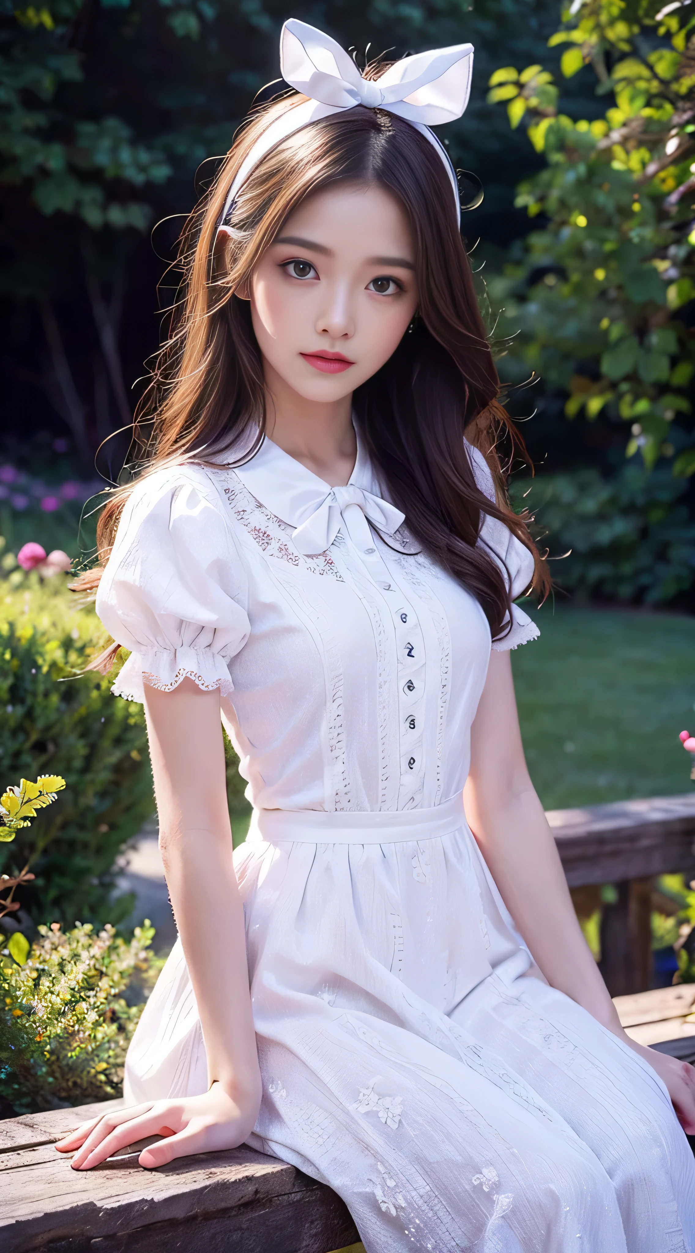 With high definition images，Alice in Wonderland 1 girl, masterpiece, Best Quality, 8k, Detailed skin texture, Detailed fabric texture of a white dress, Beautiful detailed face, Intricate details, Super detailed, Alice in Wonderland, (A ribbon on her head:1.1), Full body high quality images