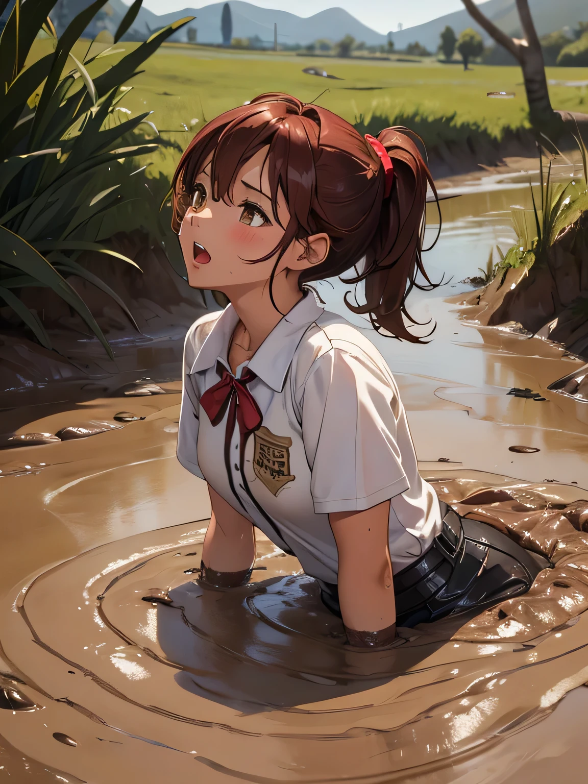 1girl, solo, masterpiece, best quality, high res, highly detailed, (illustration), yuigahama yui, dark-brown eyes, red hair ponytail, glossy lips, light makeup, orgasm, open mouth, intimate moment, school shirt, neck, (quicksand:1.4), (from side:0), bog, swampy, arched back, (headback:0.7), dirty, muddy, soiled,