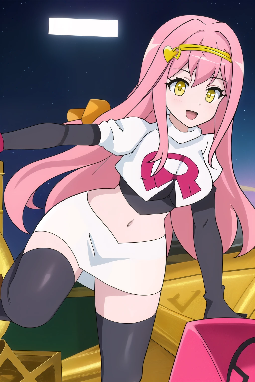 goddessoflove, 1girl, solo, long_hair, breasts, hair_ornament, yellow_eyes, pink_hair, heart, team rocket,team rocket uniform,white skirt,red letter R,crop top,black thigh-highs,black elbow gloves