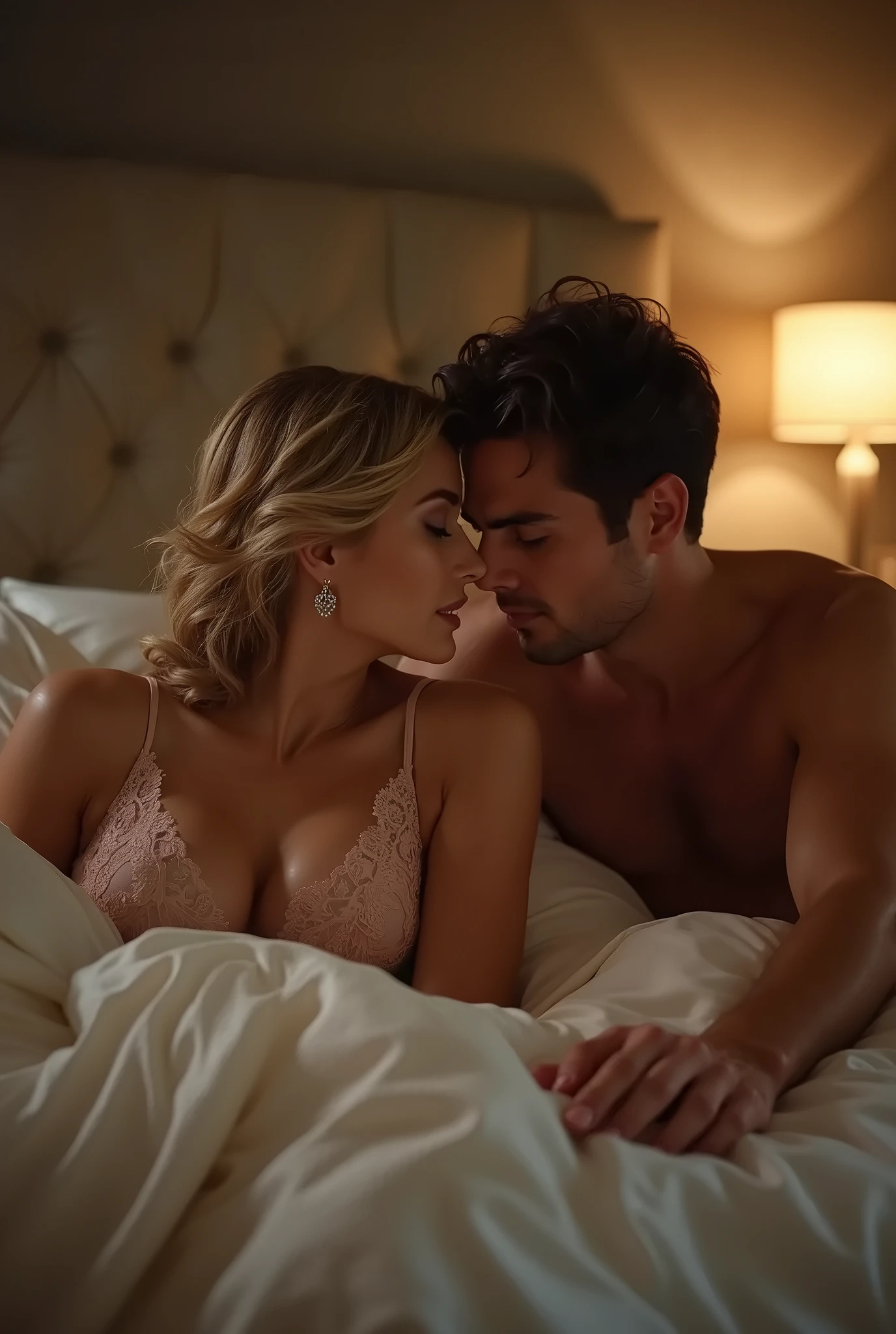 Sexy 75 years old big butt busty woman  kissing 30 years young handsome man , sexual intimacy , cleavage ,lacy gown , sleeping on bed , bedroom , top view , full body
