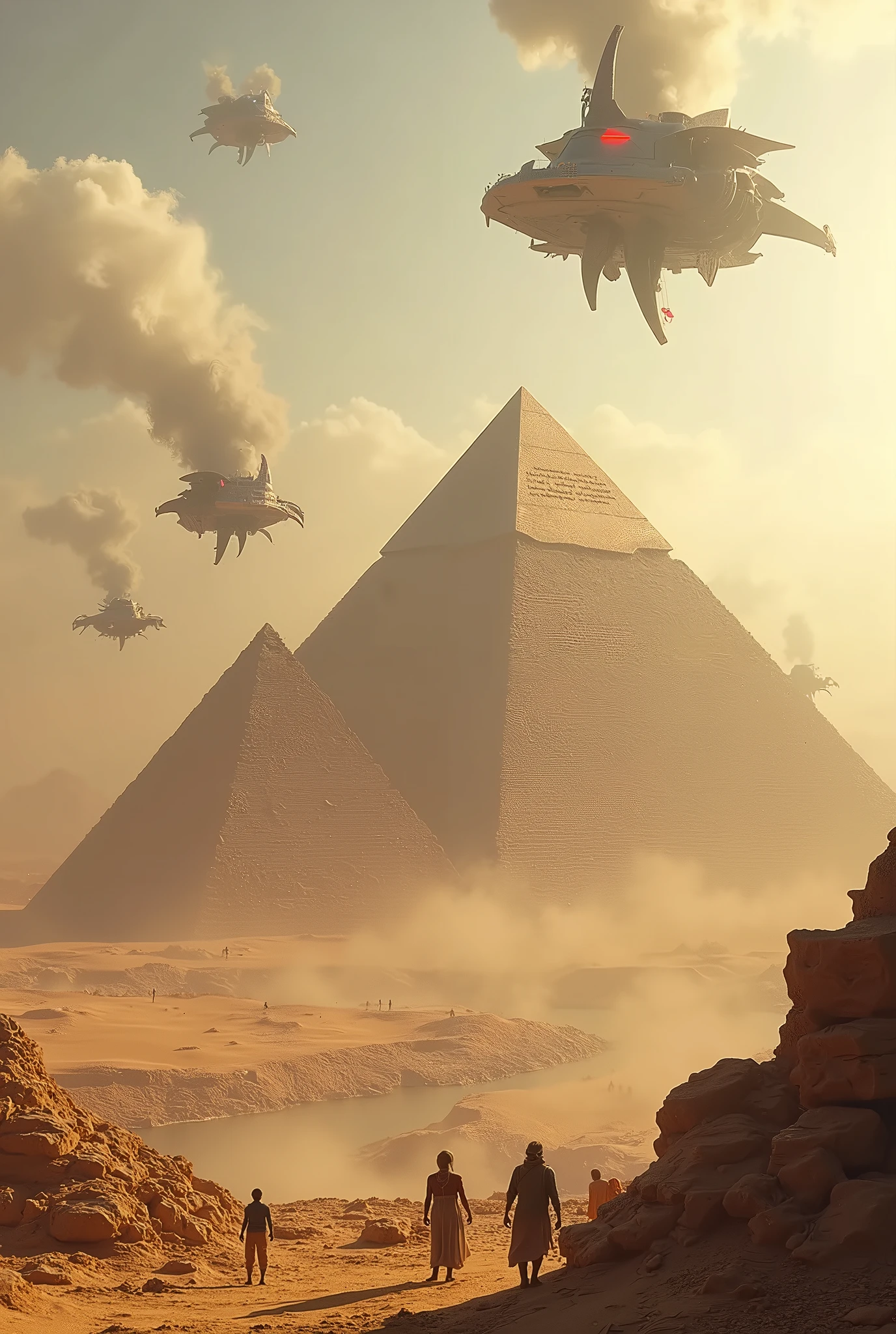 "OldEgyptAI, ((Future Egyptian City)|(Air Array)), flying pyramids, cyberpunk in the yellow desert, film-level light and shadow effects, Tyndall effect, high contrast, many ancient or high-tech aircraft interlaced :(2),((8k|ultra HD):1.2), realistic masterpiece, (realistic clouds|diffuse sunlight effect): 1.4, (neon lights: 1.3), whirlwind or sandstorm special effects: 1.2"