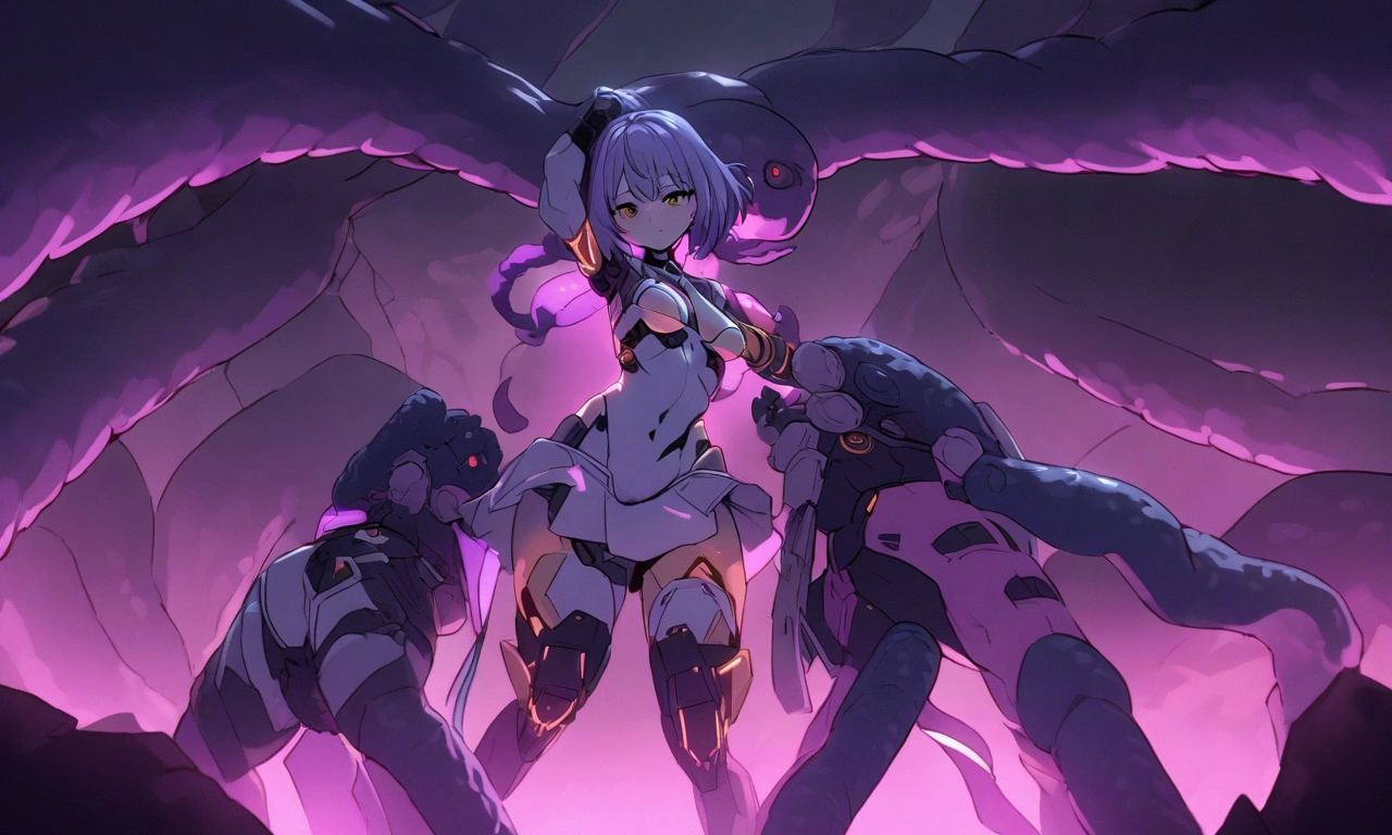 Anime robot girl,  with short silver hair, naked, with huge electric cords.  wrapped around her, holding her  down, a huge electric  cord in her vagina, legs spread 